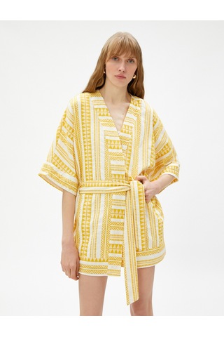 Koton Etnik Desenli Kimono Kuşaklı Kısa Kollu Hardal Desenli 3sak50010cw 3SAK50010CW1D9 Hardal