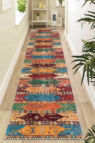Viva Home Kilim Etnik Desenli Kaymaz Taban Mutfak Hol Antre Kesme Özel Ölçülü Rulo Yolluk Ar1086, Çok Renkli, 60 X