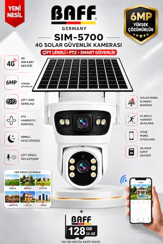 SIM-5700 6MP 4G SIM Kartlı Solar Güvenlik Kamerası Çift Lens PTZ Renkli Gece Görüşlü Dış Mekan + 128GB Hafıza Kartı Dahil