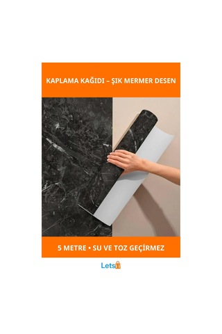Siyah Mermer Desenli Su Geçirmez Yapışkanlı Kaplama Kağıdı 5 Metre 60 Cm Çok Renkli