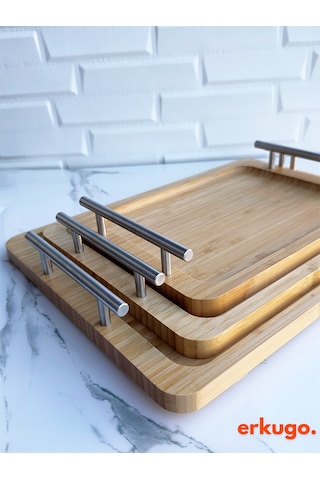 Küçük Boy Bambu Tepsi, Metal Kulplu Tepsi, Kulplu Tepsi, Servis Tepsisi 28 X 20 Cm Kahverengi