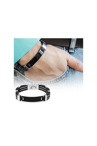 Kişiye Özel İsim Yazılı Silver-black Renk Çelik Erkek Bileklik Model-2 Siyah