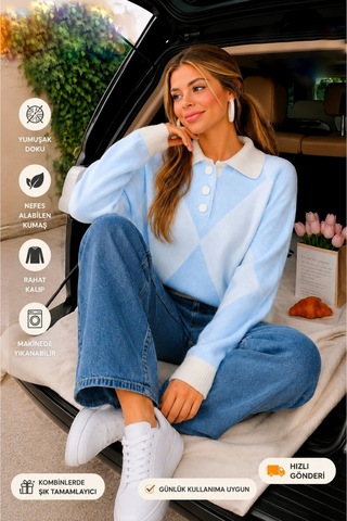 Flex Fashıon Kadın Polo Yaka Trend Oversize Popüler Triko Kazak Bebe Mavi Bebe Mavi - 744392241 Bebe Mavi - 744392241 Bebe Mavi