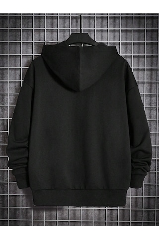 Unisex Siyah Renkli Kulaklık Baskılı Siyah Kapüşonlu Oversize Sweatshirt Siyah