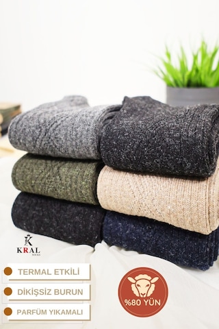 Kral Erkek 6'lı Thermal Etkili İnce Örgülü Kışlık Çorap Lambswool Gri Melanj