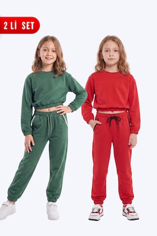 Panios Kids 2'li Yuvarlak Yakalı Beli Lastikli Crop Kesim 4 Parça Kız Çocuk Alt Üst Eşofman Takımı Haki-kırmızı