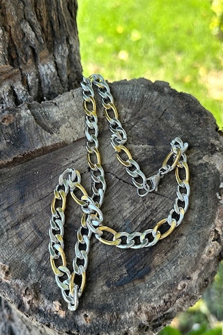 Figora Model Erkek Kalın Yassı Gümüş Ve Altın Çift Renk Gold Silver 316l Paslanmaz Çelik 50cm Kolye