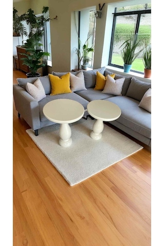 Krem Ahşap Mantar Sehpa 2 Li Set Minimalist Yan Sehpa Takımı