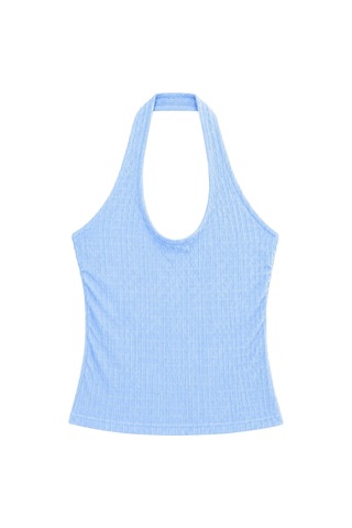 Vadon 1010 Kadın Bürümcük Dokulu Halter Yaka Crop Atlet Bol Paça Pantolon Takım Bebe Mavi