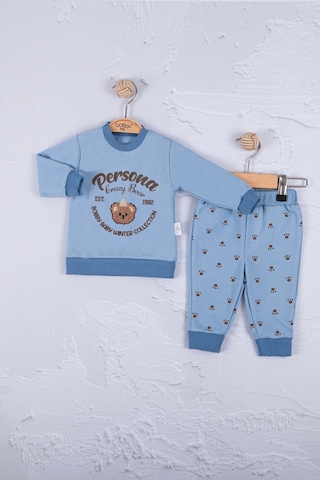 Babydonat Persona Bear Nakışlı Pamuk 2'li Erkek Bebek Takım Mavi