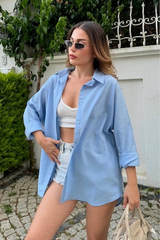 Rouge Basıc Oversize Keten Dokulu %100 Pamuk Salaş Gömlek Mavi