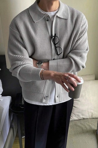 Serablanka Erkek Polo Yaka Oversize Triko Hırka Gri