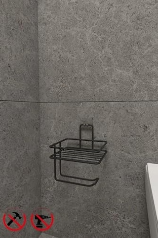 Alper Banyo Yapışkanlı Siyah Raflı Tuvalet Kağıtlığı, Delmeden Montaj Duvar Tipi Tuvalet Kağıdı Tutucu, Banyo Ve Wc Organizer 16.5 x 12.2 x 11.2 CM