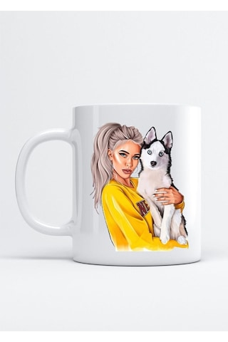 Kadın Ve Sibirya Kurt Köpeği Baskılı Porselen Kupa Bardak Beyaz