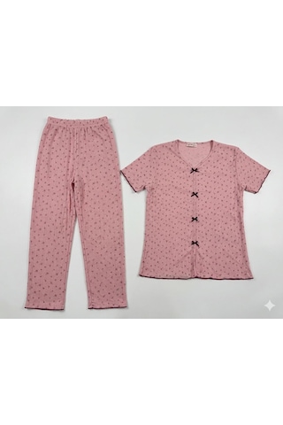 Sleeproom Yazlık Pudra Çiçek Desenli Kısa Kol Penye %100 Pamuk Pijama Takım Pembe Leylak Çıtır Çiçek