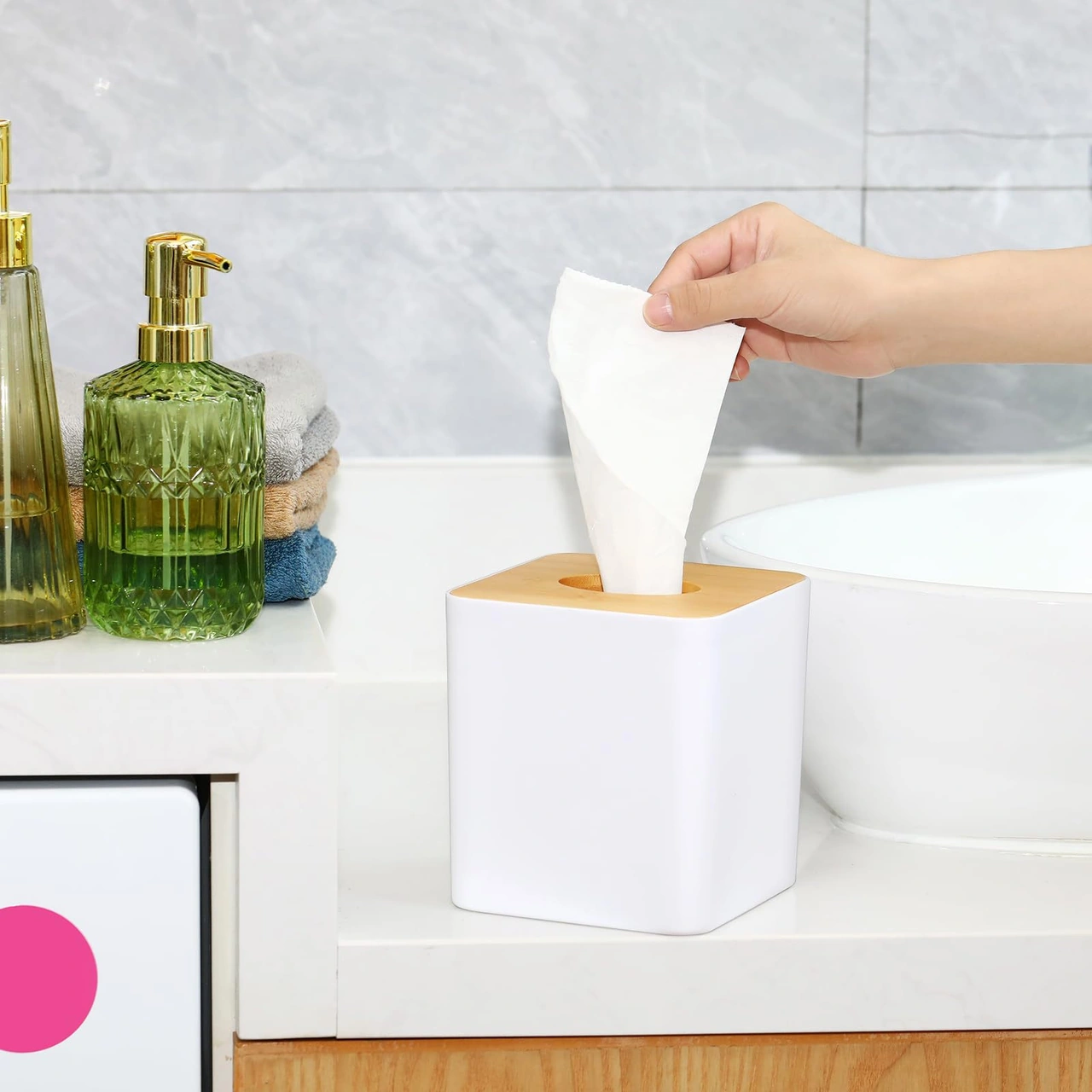 Xindoker Beyaz Bambü Havlu Kutusu Kapağı Kare 2 Adet - Banyo, Yatak Odası, Ofis İçin Elegant Organizer Beyaz