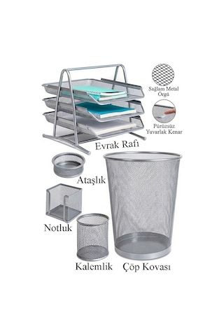 Gümüş Gri Metal Evrak Rafı 3 Lü Masaüstü Kalemlik 3 Lü Ve Fileli Çöp Kovası 1 Paket Masaüstü A4 Dosya Düzenleyici Not Gümüş Gri