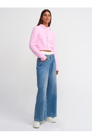 Dilvin Yumuşak Dokulu Kapşonlu Crop Kazak Pembe