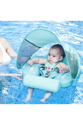 Mambobaby Yüzme Simidi - Yeşil Fil, Emniyetli, Gölgelikli Ve Ayak Destekli