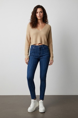 Kene Jeans Kadın Çapraz Taşlı Lacivert Kot Dar Paça Lacivert