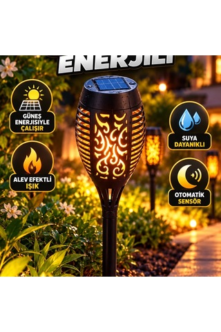 Güneş Enerjili Alev Efektli Bahçe Lambası Sensörlü Dekoratif Dış Mekan Aydınlatma