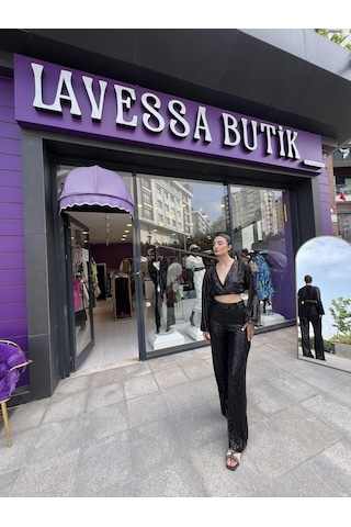 Pul Payetli Kruvaze Bluz - Siyah Renk-75