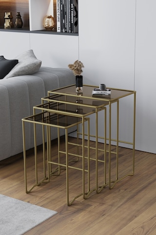 Faymend Mimoza 4 Lü Zigon Sehpa, Metal Sehpa, Cam Sehpa 'gold - Bronz' Eskitme Gold - Bronz Cam