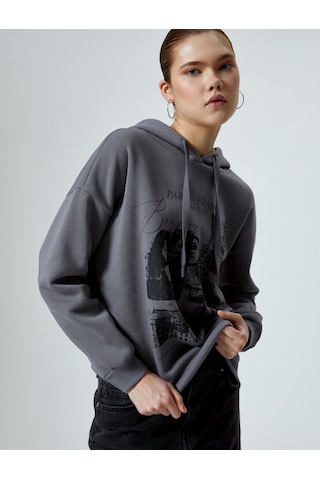 Koton Kapşonlu Sweatshirt Baskılı Uzun Kollu Gri 4sal10469ık Gri