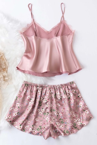 Merry See Dantel İşlemeli Çiçek Desenli Şort Pijama Takımı Pembe