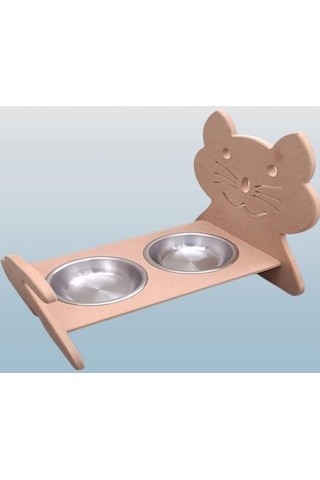 Hobi Adn 90369 Model Kedi Mama Su Kabı Seti Paslanmaz Tabak El Yapım Bej