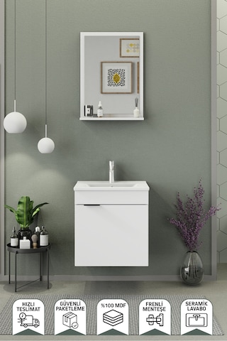 Biani Fix Arya 55 Cm Banyo Dolabı,Seramik Lavabolu, Aynalı,Lavabo Dahil,Mdf,Mat Beyaz