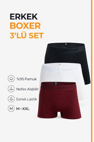 Mercan 3'lü Erkek Pamuklu Likralı Esnek Boxer Bordo Beyaz Siyah Çok Renkli