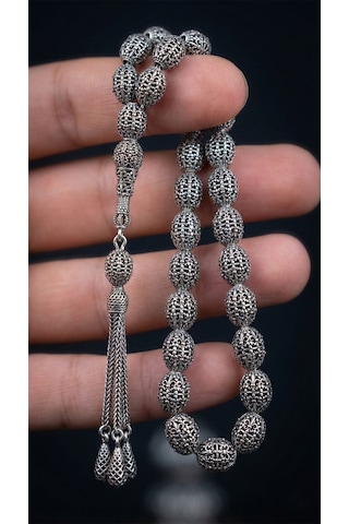 925 Ayar Oval Kesim 3 Kamçılı Püskül Orta Boy Örgü Desenli Otantik Gümüş Tesbih Rzt10032 Gümüş  - Siyah