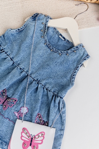 Babymod Kelebek İşlemeli Boncuklu Çanta Hediyeli Kız Bebek Kot Elbise Jean Jile Mavi