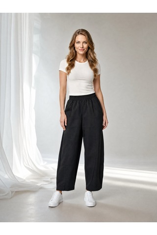 Nealirsanall.com Kadın Yüksek Bel Beli Lastikli Gabardin Balon Paça Pantolon - Dikiş Detaylı Rahat Kesim Şalvar Pantolon Kirli Beyaz