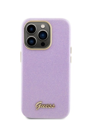 Apple Uyumlu iPhone 15 Pro Kılıf Guess Lisanslı Yazı Logolu Glitter Glossy Script Kapak Lila