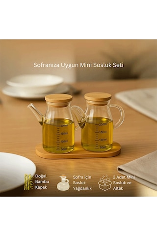 Mini Yağdanlık Ve Sosluk Seti, Bambu Stantlı Ve Vakumlu Bambu Kapaklı, 2'li 200 Ml Salata Seti Ahşap