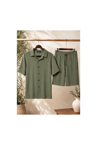 Mcz Yeşil Renk Bürümcük Kumaş Slim Fit Erkek Şort - Gömlek Alt Üst Takım