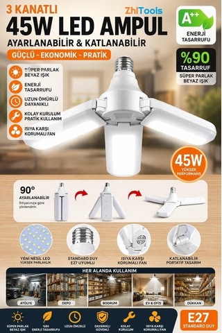 Zhltools Ultra Güçlü 3 Kollu 40-45w Ampul Led Aydınlatma Beyaz Işık Led Ampul