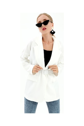 Düşük Omuz Kemerli Atlas Kumaş Blazer Ceket - Ekru-ekru Ekru