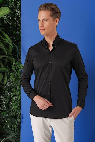 Efor Slim Fit Düğmeli Yaka Uzun Kol Pamuklu Klasik Siyah Gömlek Gk 716 Siyah