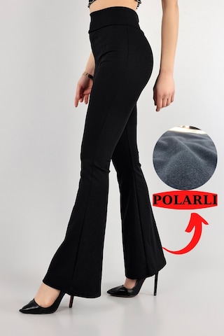 Trend Alisse Yüksek Bel Kışlık İçi Polarlı Fitilli İspanyol Kadın Tayt Siyah