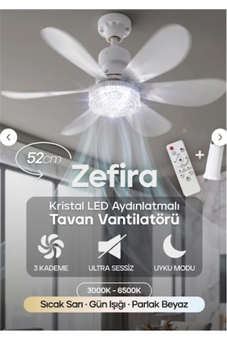 Feny Fn-f82 Zefira 3 Kademe Ultra Sessiz Uyku Mod 3000k-6500k Kristal Led Tavan Vantilatörü Kumanda