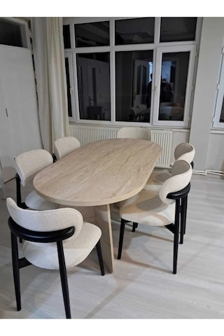 Ruby Bohem Oval Salon 6 Sandalyeli Mutfak Masası Salon Masa Takımı Krem - Siyah