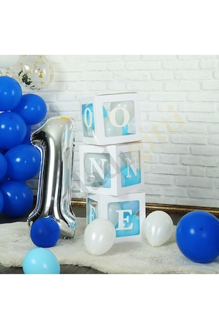 One Yazılı Beyaz Kutu ve Balon Seti Erkek Bebek 1 Yaş Doğum Günü Kutlama