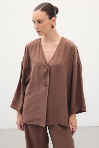 Sateen Düğmeli Kimono - Kahve-136354 Kahve