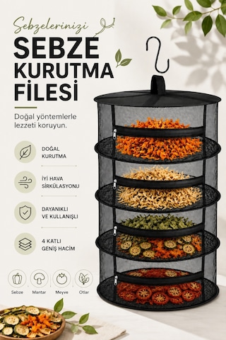 Tineke 4 Katlı Meyve Sebze Kurutma Filesi Katlanabilir Siyah