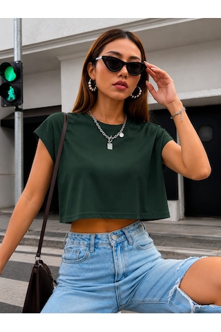 Bonnywıll Bonnywılll Bisiklet Yaka Düşük Kol Crop T-shırt Haki
