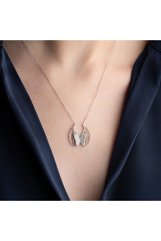Vaoov 925 Ayar Gümüş Taşlı Kanatlı Melek Kolye Silver