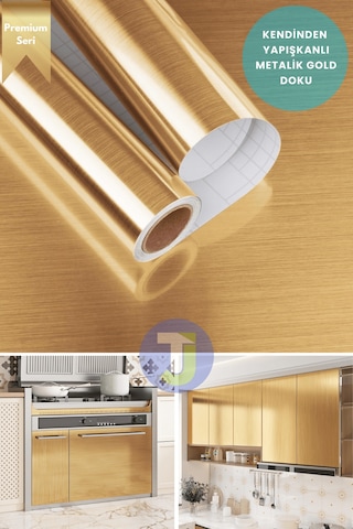Technojet Kendinden Yapışkanlı Metalik Folyo Mutfak Banyo Tezgah Duvar Dolap Masa Kaplama 60cmx100cm Gold